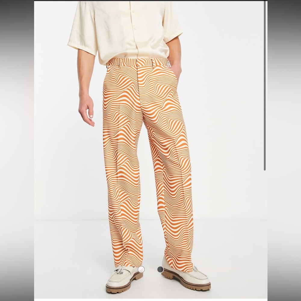 ASOS DESIGN retro 70s wide leg suit pants white & orange swirl men’s W34” L30”